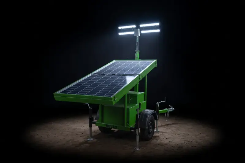 Torre de iluminação solar com painel fotovoltaico e refletores LED acesos