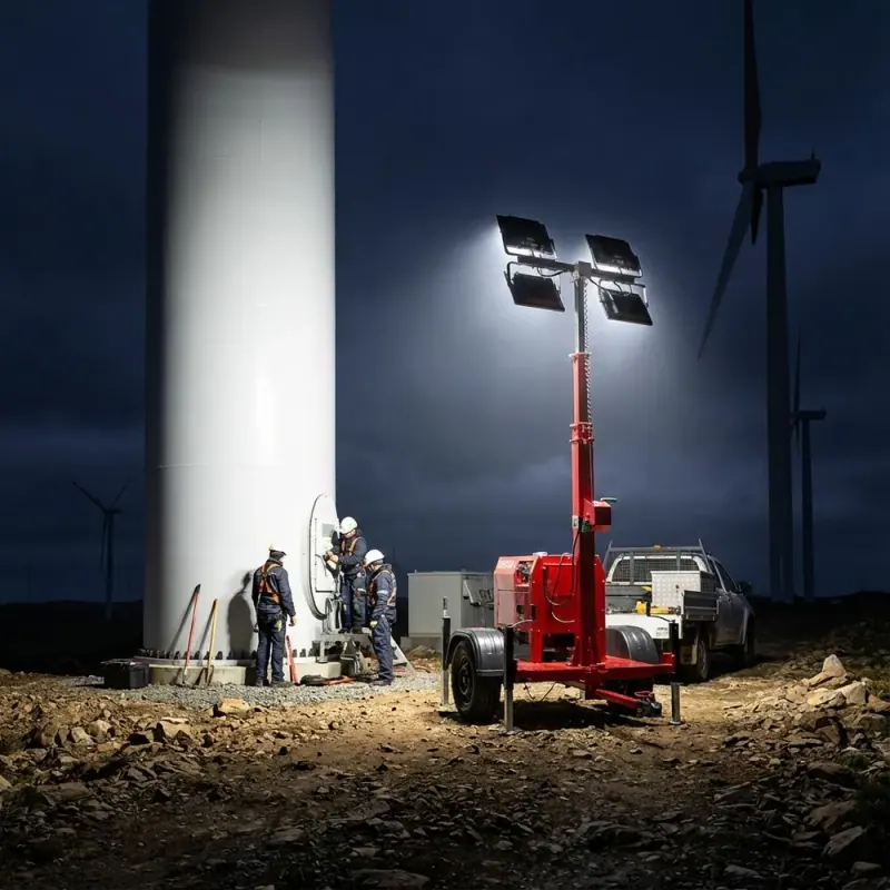 Torre de iluminação móvel iluminando equipe em obra noturna, com o mastro erguido
