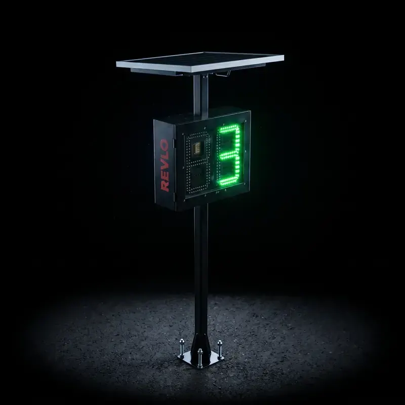 Lombada eletrônica fixa em coluna, com painel solar e a velocidade em LED verde