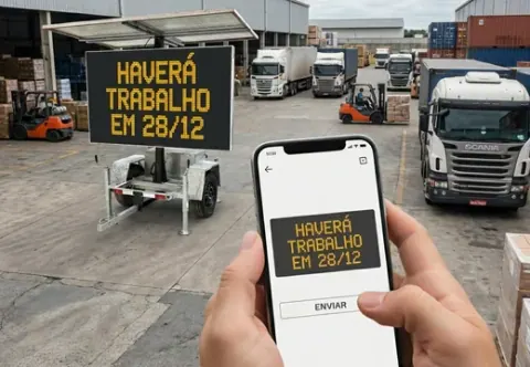 Painel de mensagem variável móvel exibindo aviso em pátio logístico, com o app no celular
