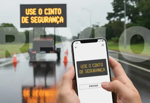 Painel exibindo USE O CINTO DE SEGURANÇA em rodovia sob chuva