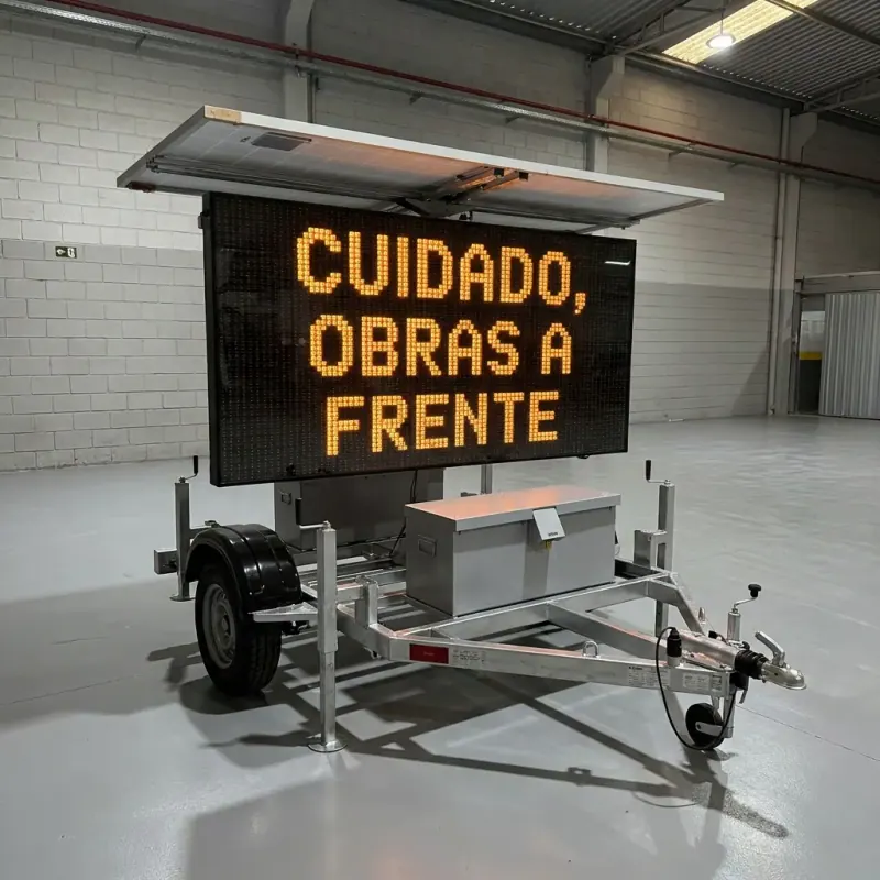 Painel de mensagem variável móvel exibindo CUIDADO, OBRAS A FRENTE em LED âmbar