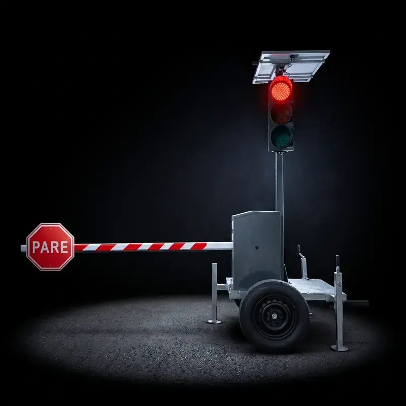 Semáforo móvel com cancela e placa PARE, sobre reboque com painel solar