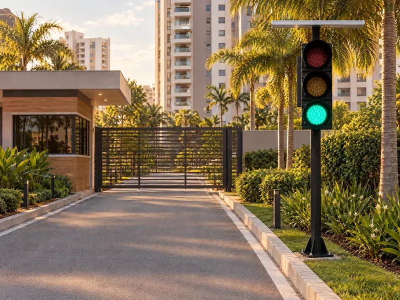 Semáforo solar com o verde aceso na entrada de um condomínio residencial