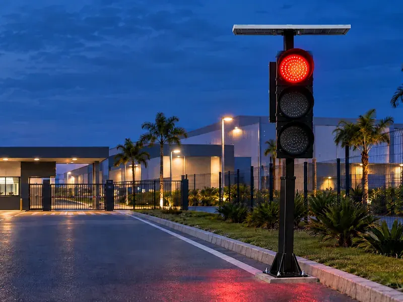 Semáforo solar com o vermelho aceso na pista de entrada de uma empresa